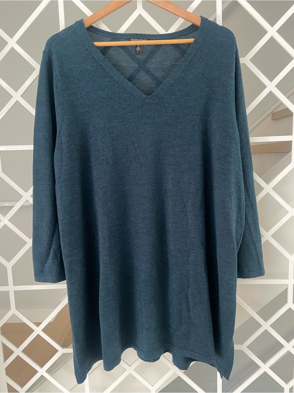 EILEEN FISHER 100% Merino Extra Fine Wool V-Neck Tunic Sweater 3X Blue EUC